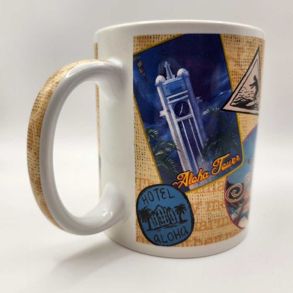 ABC Stores Vintage Hawaii Travel Labels Themed Ceramic Mug 12oz Hula Girl Surfin